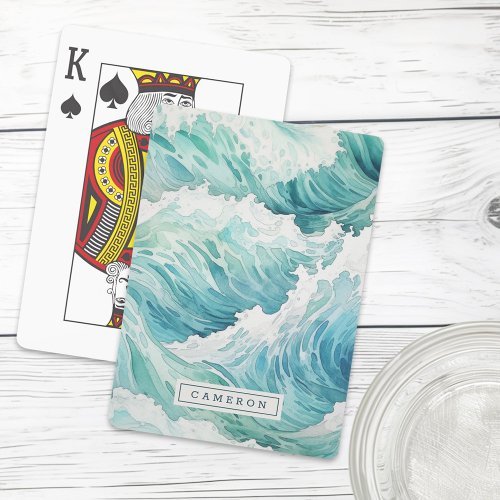 Watercolor blue waves custom name playing cards