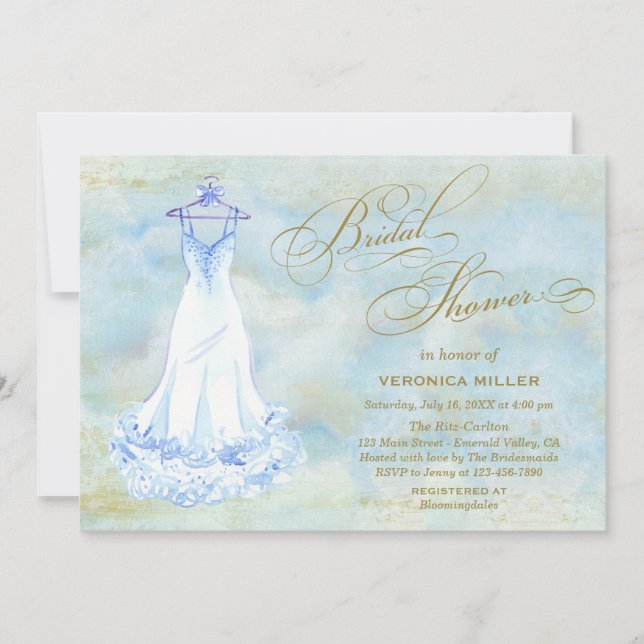 Watercolor Blue Wedding Gown Bridal Shower Invite (Front)