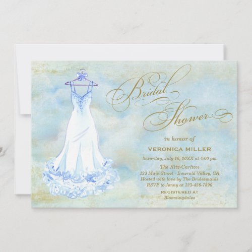 Watercolor Blue Wedding Gown Bridal Shower Invite