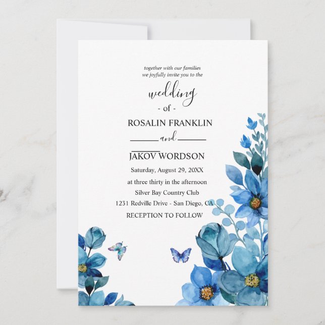 watercolor blue wedding Invitation (Front)