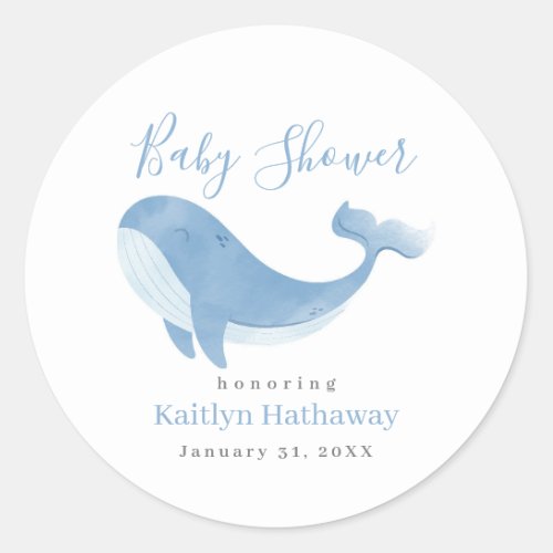 Watercolor Blue Whale Baby Shower Classic Round Sticker