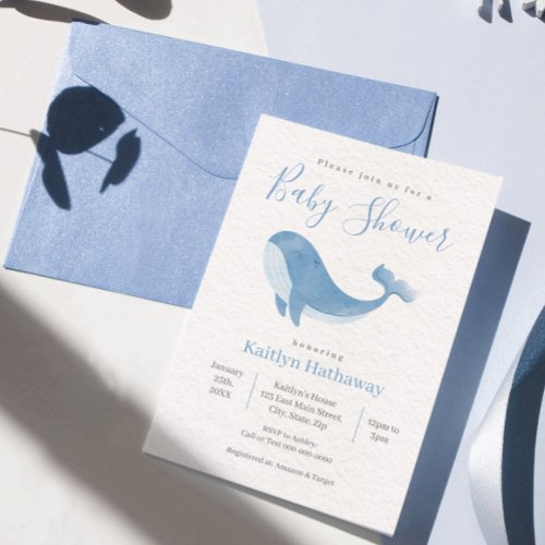 Watercolor Blue Whale Baby Shower Invitation