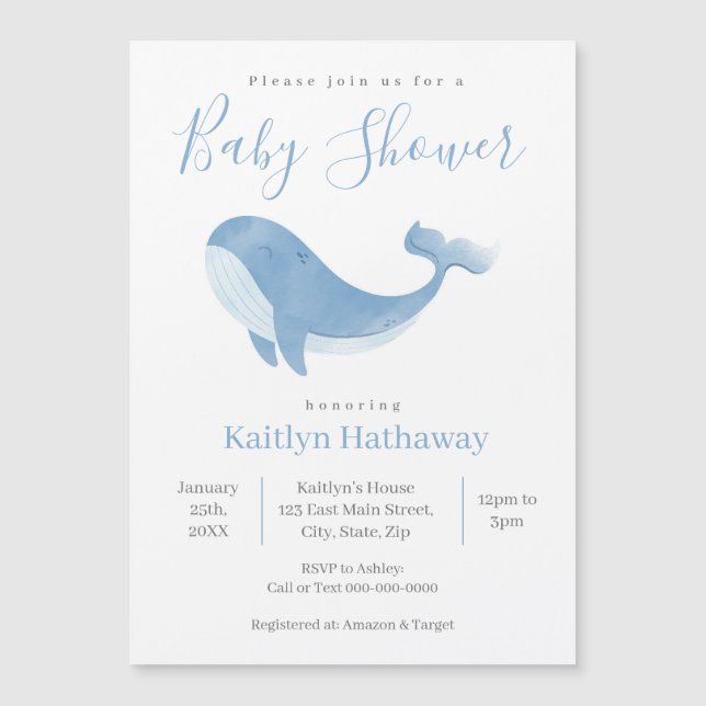 Watercolor Blue Whale Baby Shower Magne Invitation (Front)