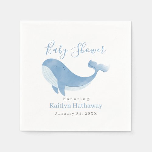 Watercolor Blue Whale Baby Shower Napkins