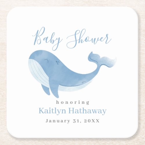 Watercolor Blue Whale Baby Shower Square Paper Coaster
