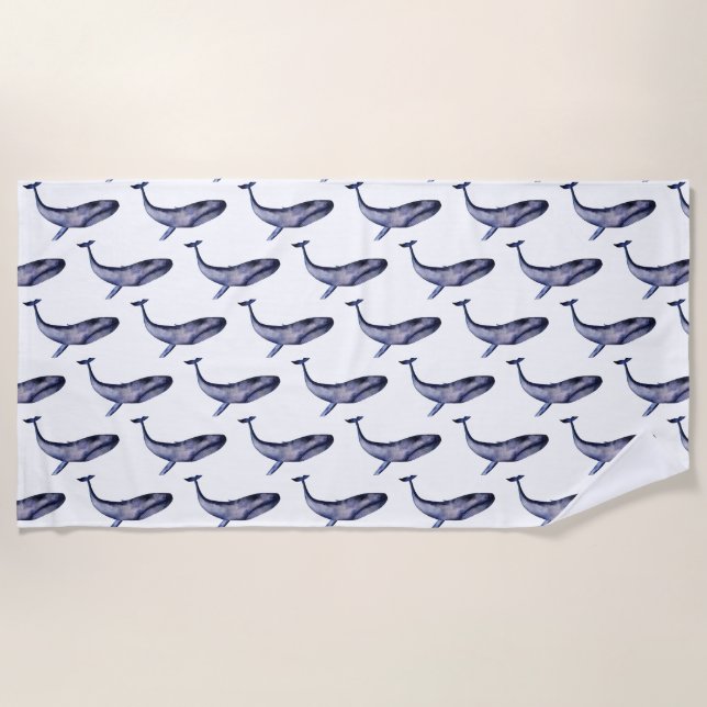 Watercolor Blue Whale Beach Towel (Front)