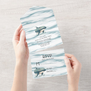Watercolor Blue Whale Boy Baby Shower All In One Invitation
