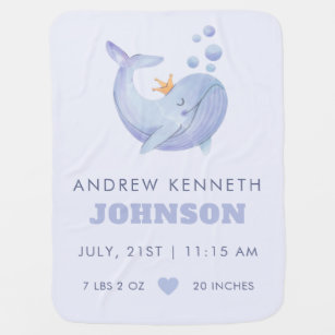 Watercolor Blue Whale & Heart Birth Stats Details  Baby Blanket