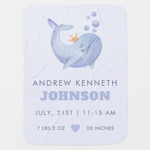 Watercolor Blue Whale  Heart Birth Stats Details  Baby Blanket