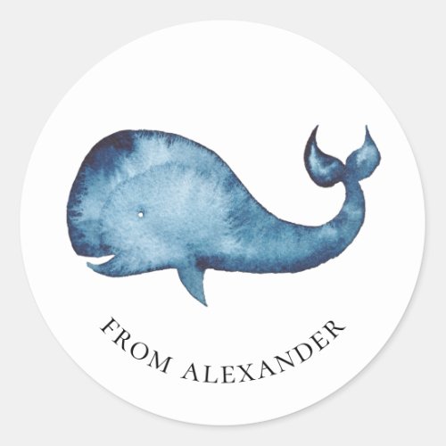 Watercolor blue whale Kids birthday thank you Classic Round Sticker