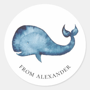 Watercolor blue whale. Kids birthday thank you Classic Round Sticker
