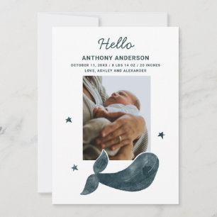 Watercolor blue whale. Nautical animal baby birth Announcement