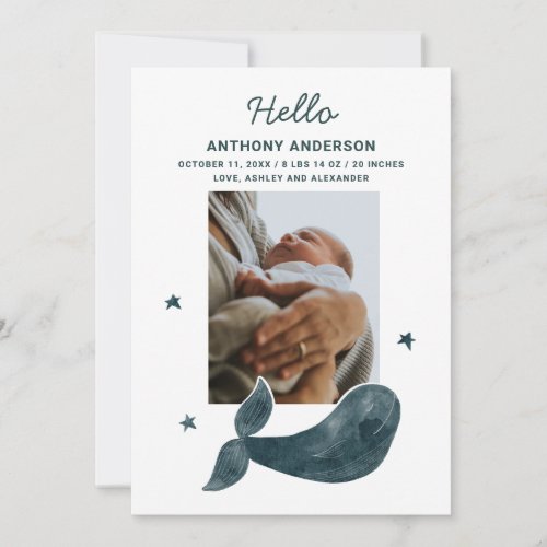 Watercolor blue whale Nautical animal baby birth Announcement