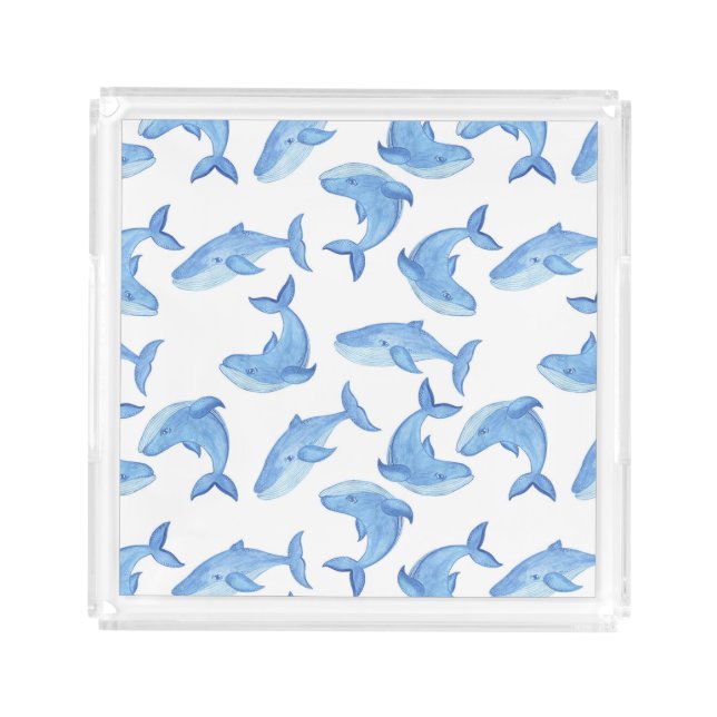 Watercolor Blue Whale Pattern Acrylic Tray (Front)