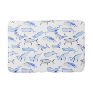 Watercolor Blue Whale Pattern Bathroom Mat