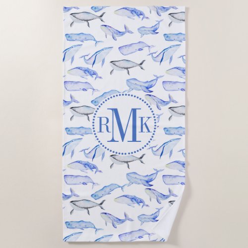 Watercolor Blue Whale Pattern Beach Towel