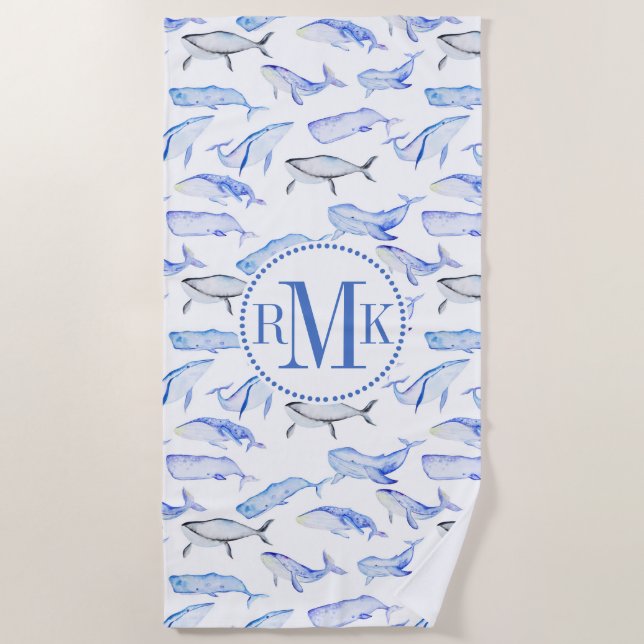 Watercolor Blue Whale Pattern Beach Towel (Front)