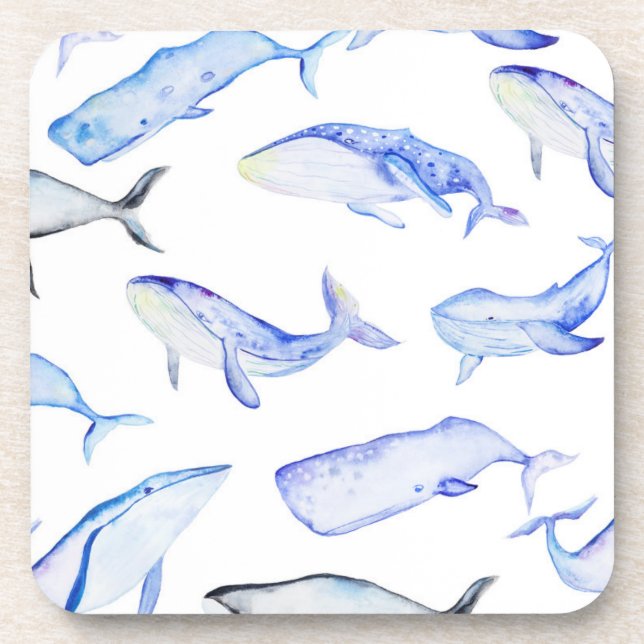 Watercolor Blue Whale Pattern Beverage Coaster (Front)