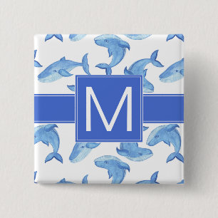 Watercolor Blue Whale Pattern Button