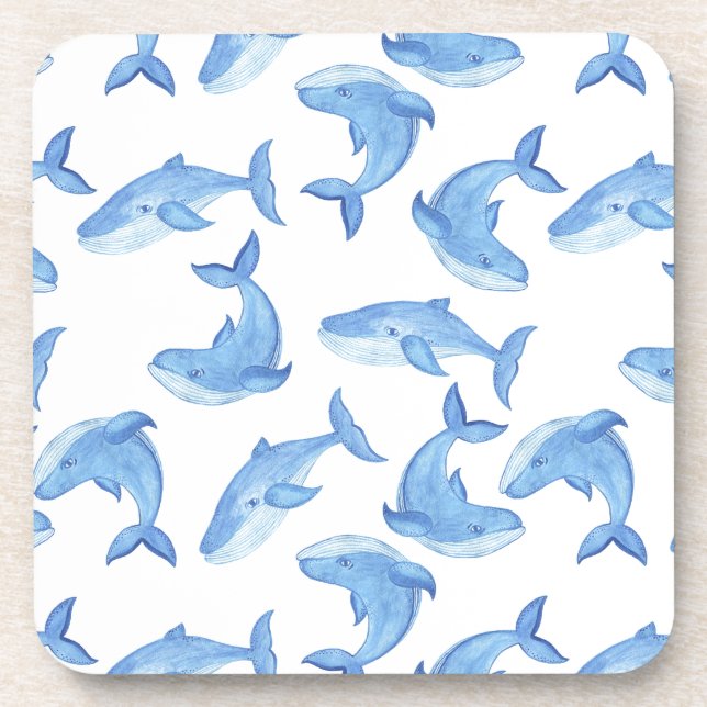 Watercolor Blue Whale Pattern Drink Coaster (Front)