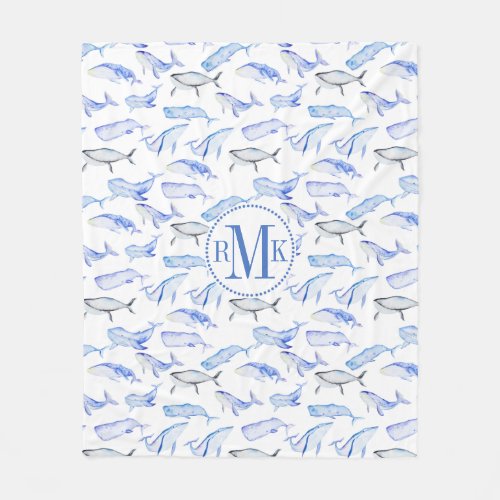 Watercolor Blue Whale Pattern Fleece Blanket