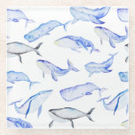 Watercolor Blue Whale Pattern Glass Coaster at Zazzle