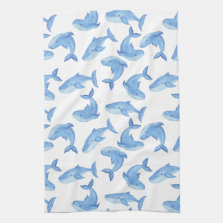 Watercolor Blue Whale Pattern Kitchen Towel