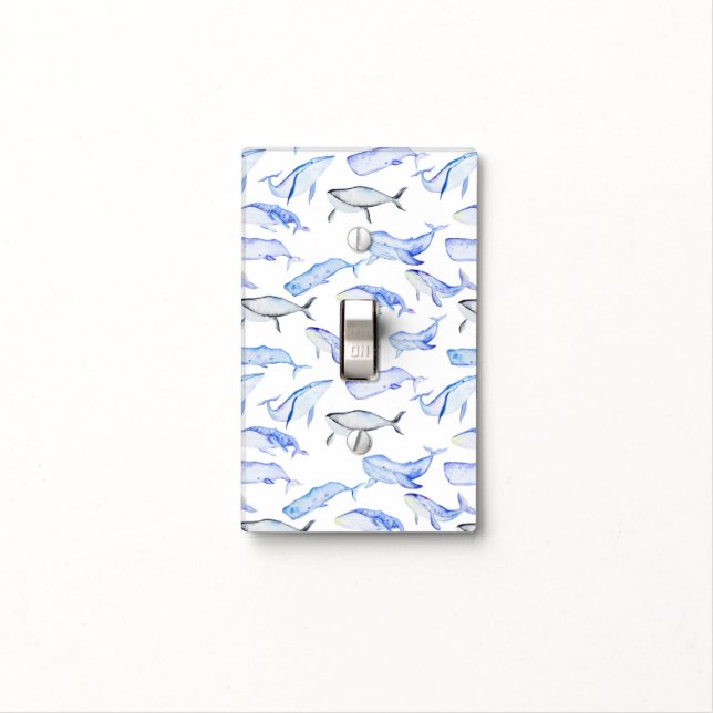 Watercolor Blue Whale Pattern Light Switch Cover (In Situ)