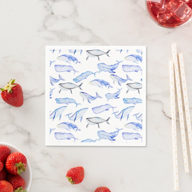 Watercolor Blue Whale Pattern Napkins (Insitu)