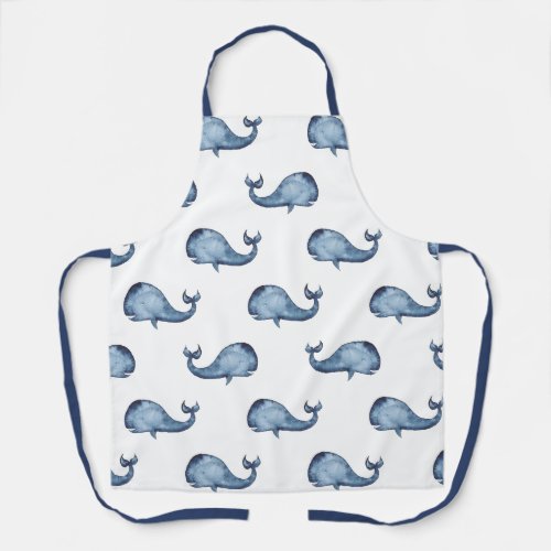 Watercolor blue whale pattern Nautical sea animal Apron