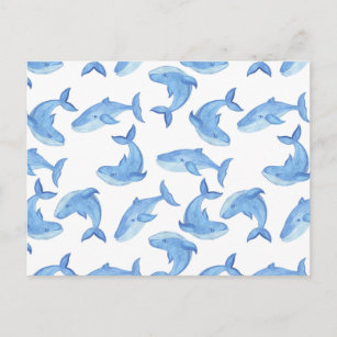 Watercolor Blue Whale Pattern Postcard
