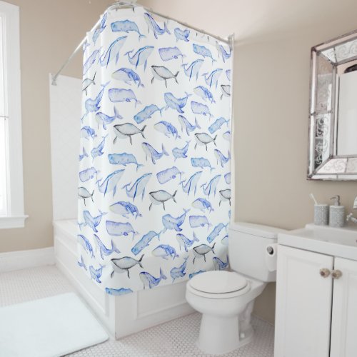 Watercolor Blue Whale Pattern Shower Curtain