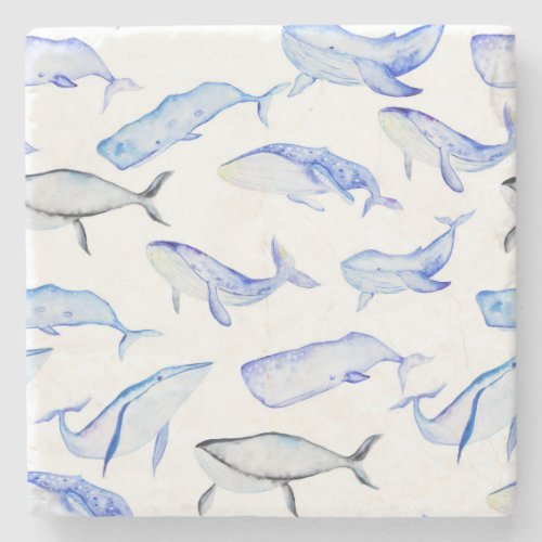 Watercolor Blue Whale Pattern Stone Coaster