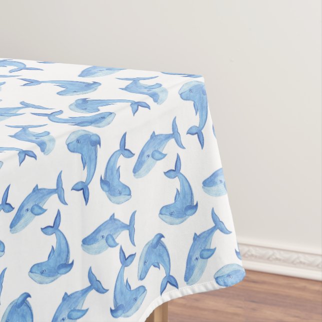 Watercolor Blue Whale Pattern Tablecloth (In Situ)