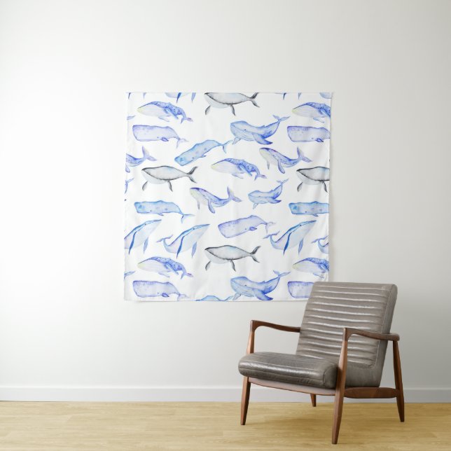 Watercolor Blue Whale Pattern Tapestry (In Situ (Horizontal))