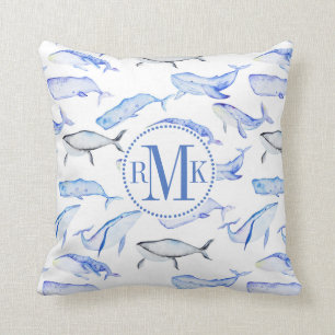 Watercolor Blue Whale Pattern Throw Pillow