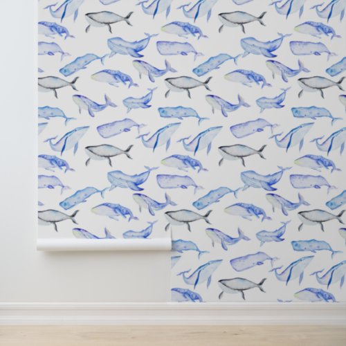 Watercolor Blue Whale Pattern Wallpaper