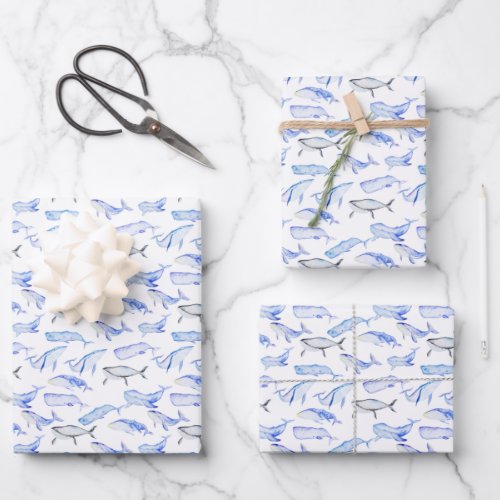 Watercolor Blue Whale Pattern Wrapping Paper Sheets