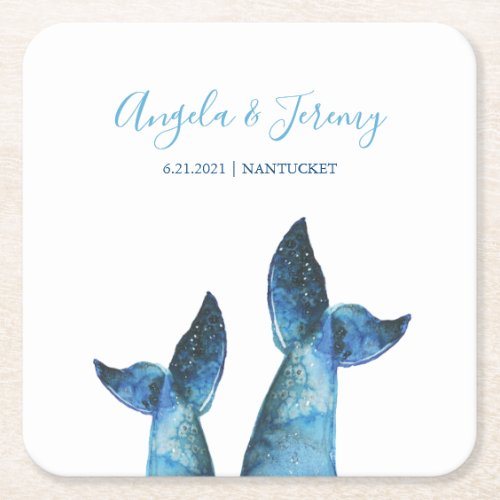 Watercolor Blue Whale Tale Wedding Square Paper Coaster