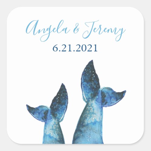 Watercolor Blue Whale Tale Wedding Square Sticker