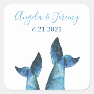 Watercolor Blue Whale Tale Wedding Square Sticker