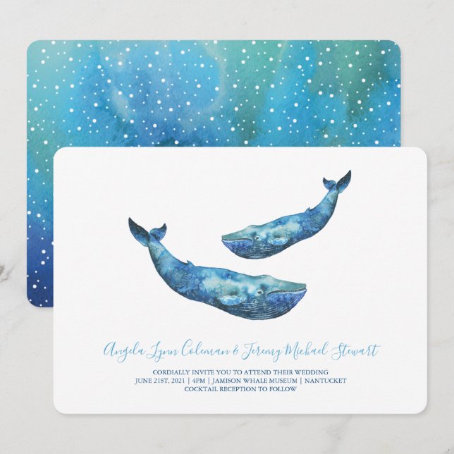 Watercolor Blue Whale Wedding  1 Invitation (Front/Back)