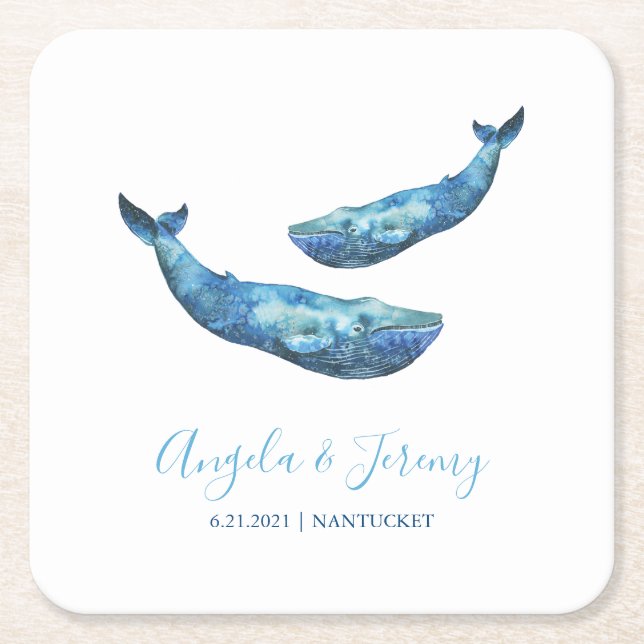 Watercolor Blue Whale Wedding Square Paper Coaster (Front)
