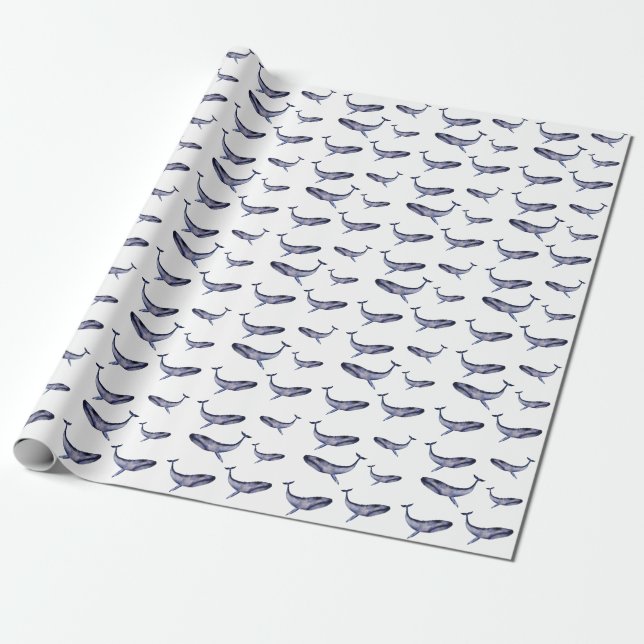 Watercolor blue whale wrapping paper (Unrolled)
