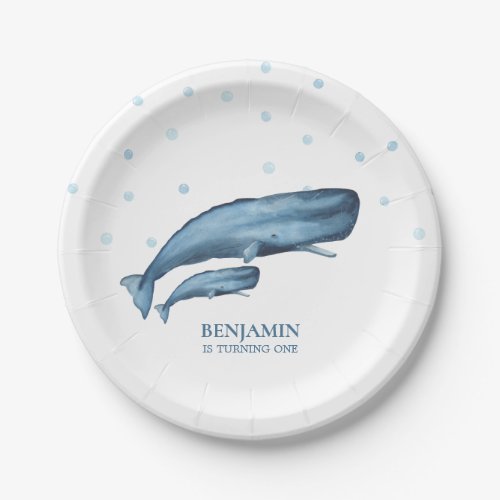 Watercolor Blue Whales  Bubbles Ocean Birthday Paper Plates