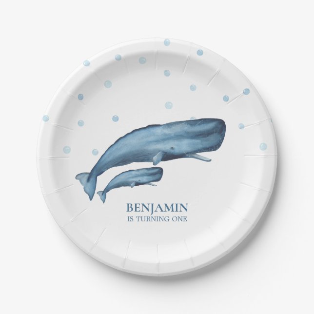 Watercolor Blue Whales & Bubbles Ocean Birthday Paper Plates (Front)