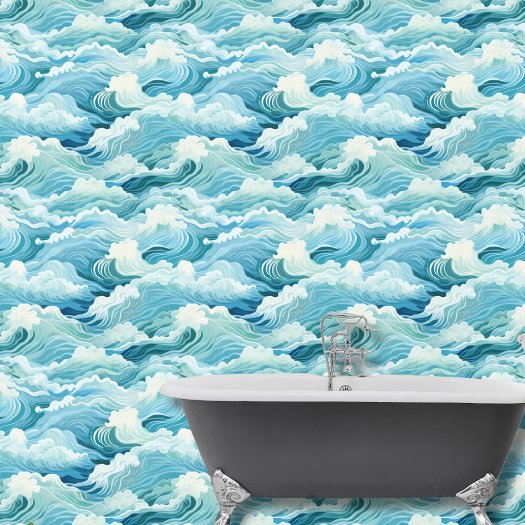 Watercolor Blue White Abstract Sea Waves Coastal