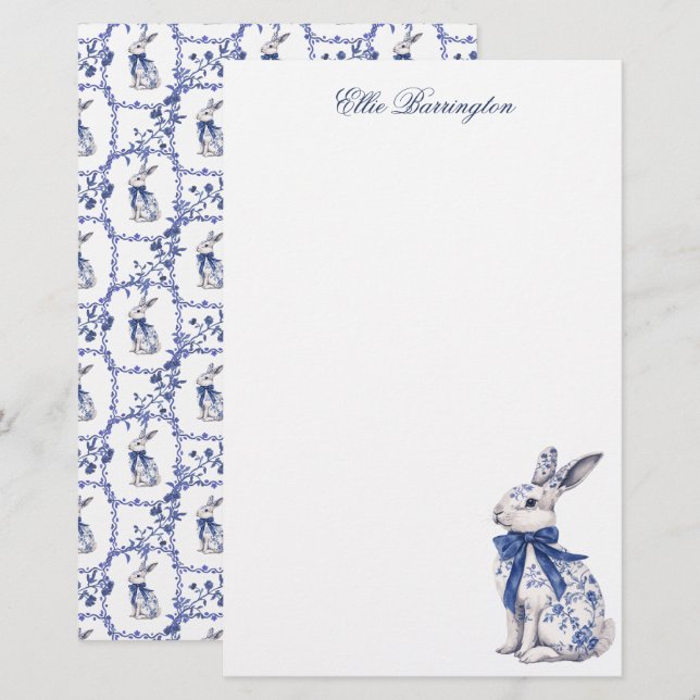 Watercolor Blue & White Chinoiserie Bunny Rabbit Stationery (Front/Back)