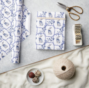 Watercolor Blue & White Chinoiserie Bunny Rabbit Wrapping Paper