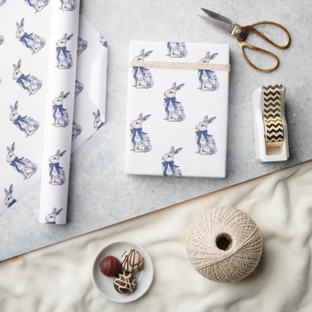 Watercolor Blue & White Chinoiserie Bunny Rabbit Wrapping Paper (Crafts)
